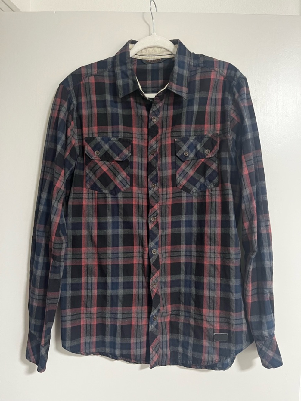 Men's Long-Sleeve Plaid Button-Down Shirt in Navy and Red